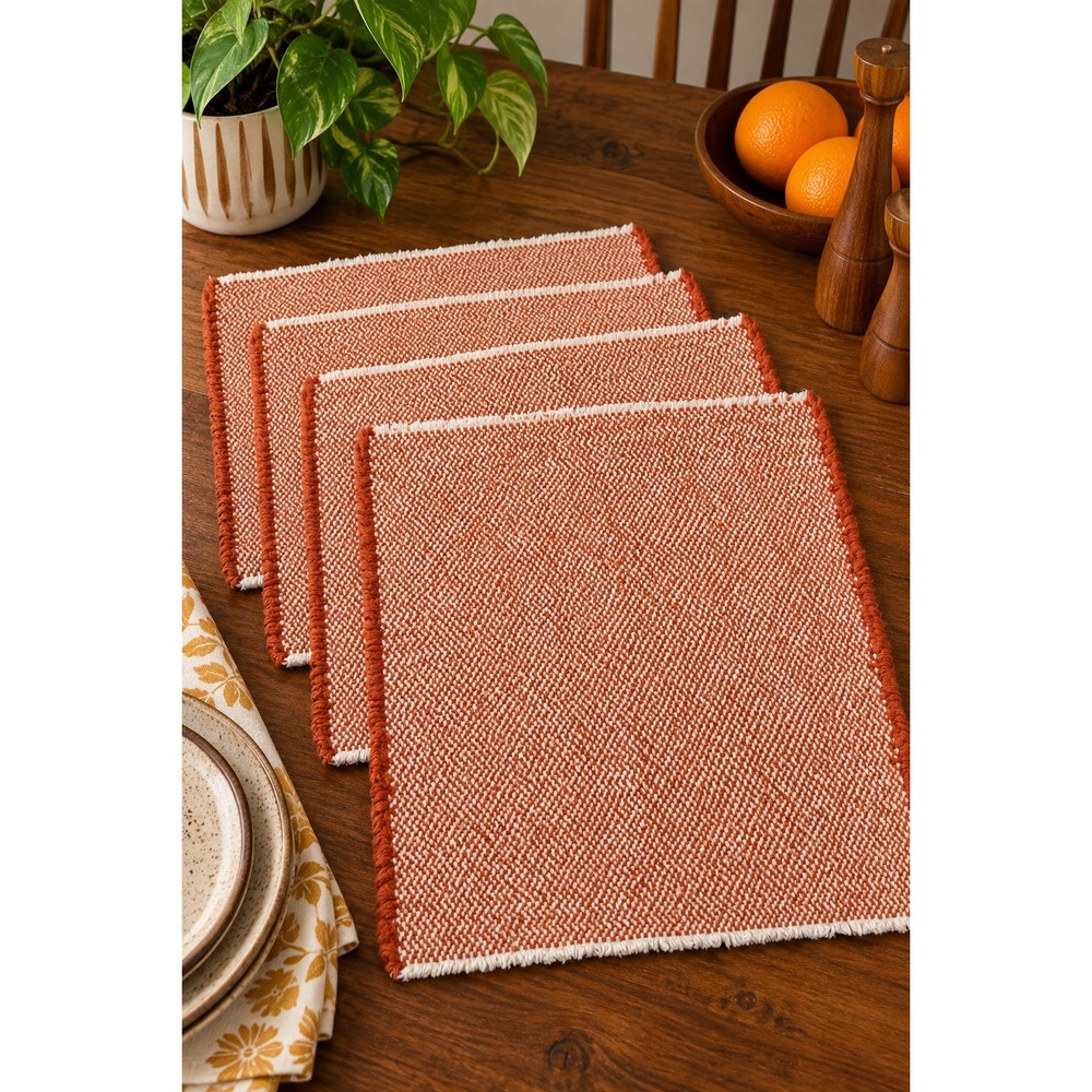 Vintage 70s Woven Orange Placemats Set of 4 Fringed Made in Japan Retro Dining